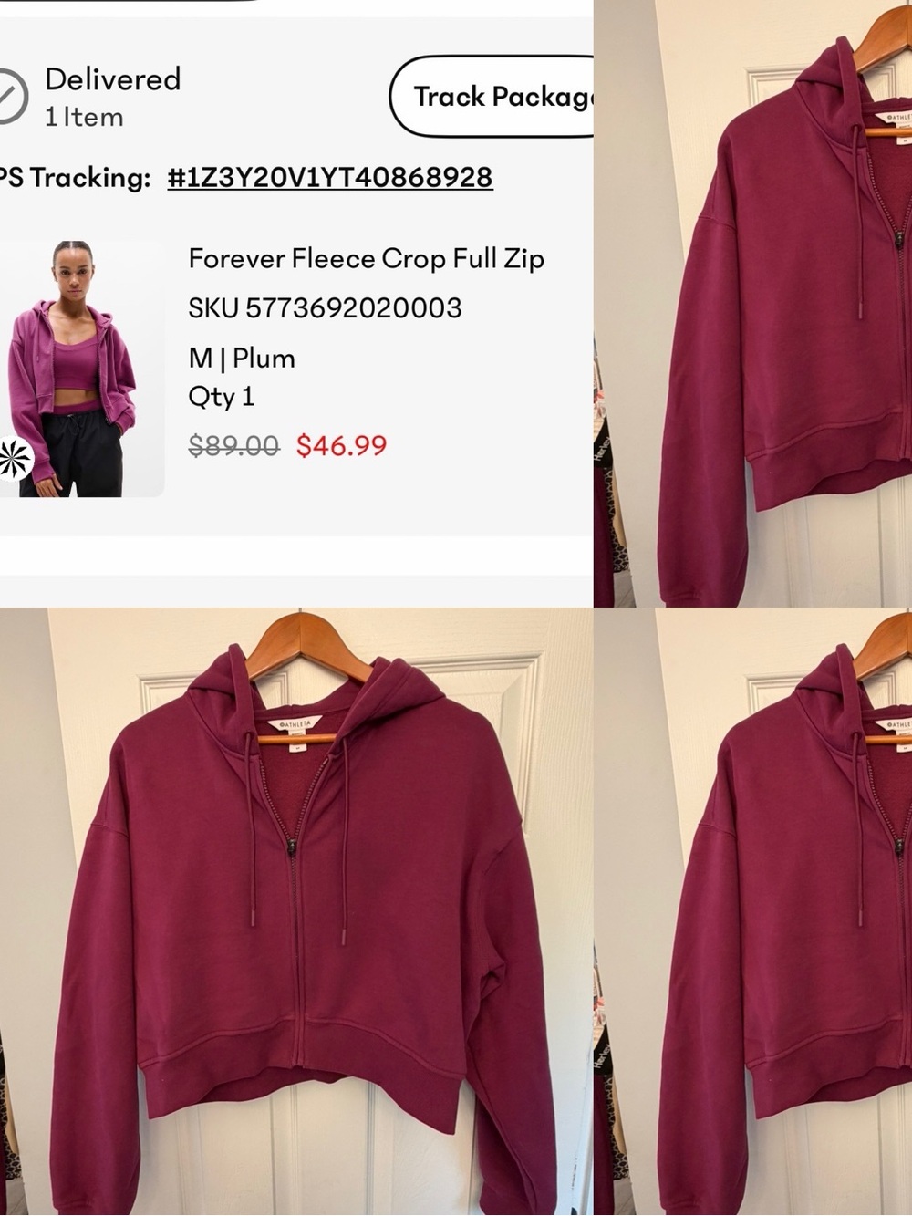 Athleta Forever Fleece Crop Full Zip Hoodie - Plum